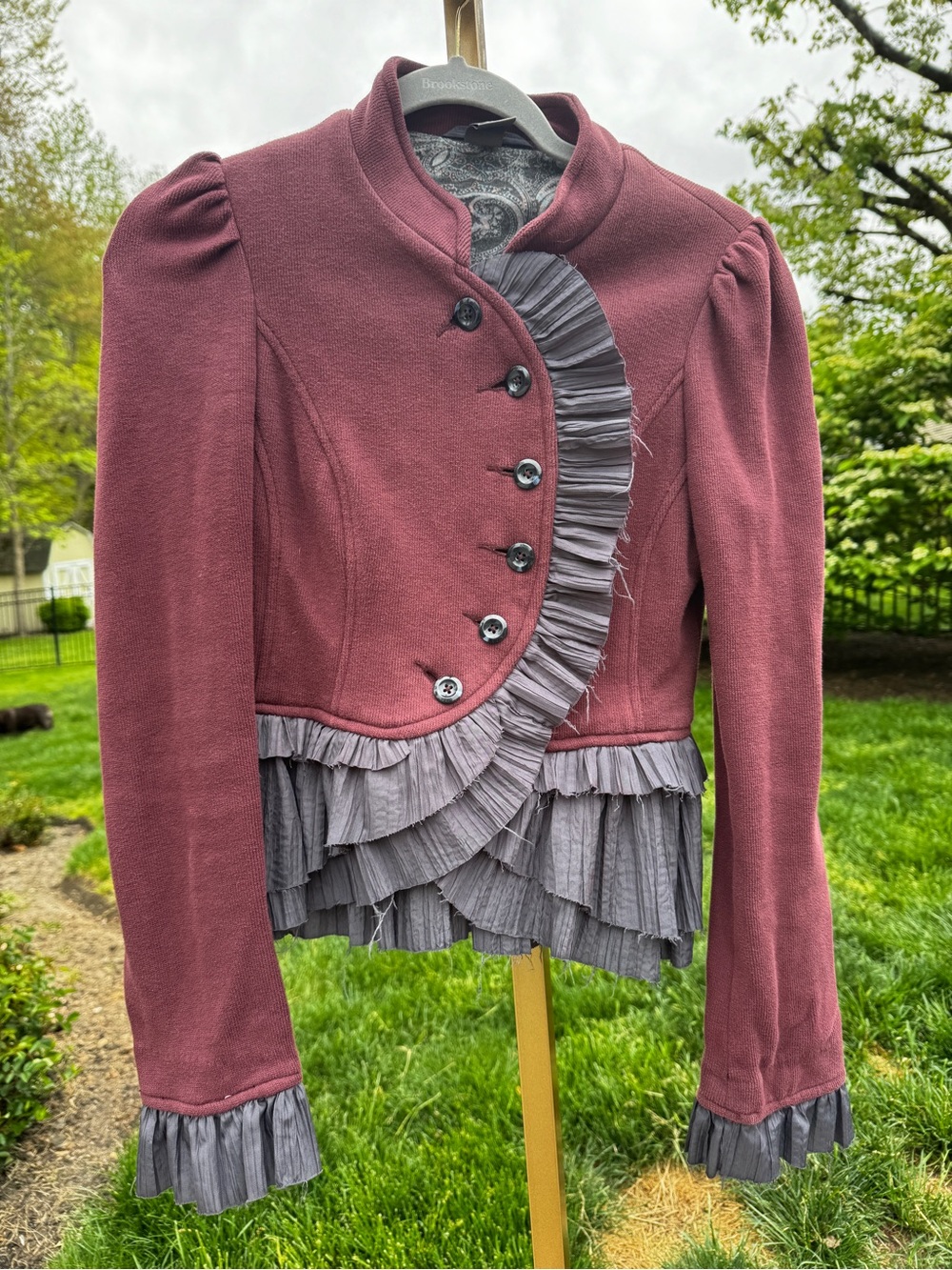 Free People Military Ruffles Sz 2 S Jacket Gray Burgundy Wine Button Jacket $248